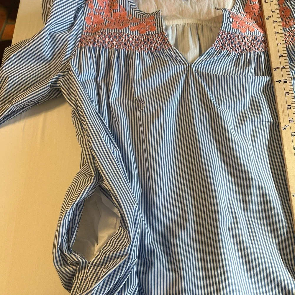 J CREW Preppy Blue Striped‎ Ruffle Dress Pink Embroidered Smocked Yolk Sz Medium